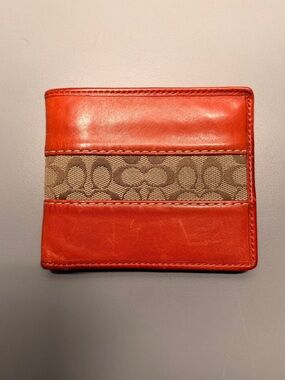 Coach Orange Leather & Tan Signature Canvas Men's Wallet